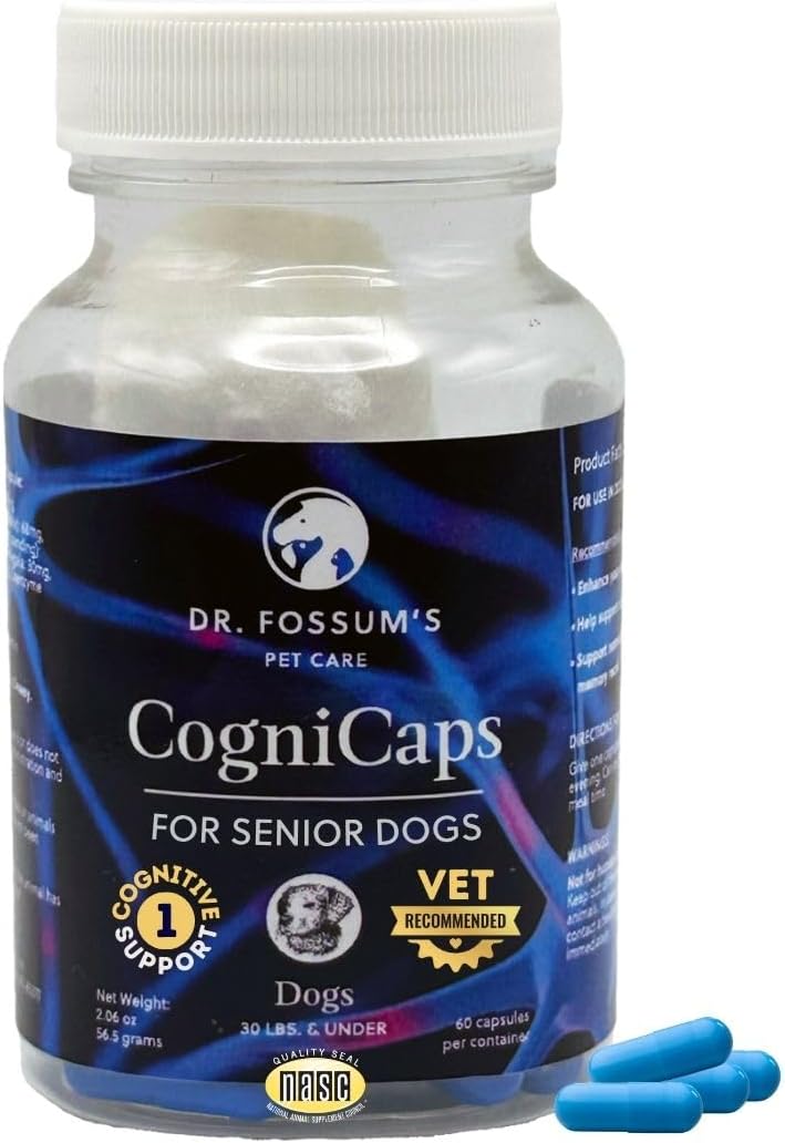 Dr. Fossum's CogniCaps Dog Cognitive Supplement – Multivitamin for Dogs Brain Health with SAM-e, Coenzyme Q10, Polygala, Curcumin – Senior Dog Supplements for Cognitive Support (12 lbs & Under)