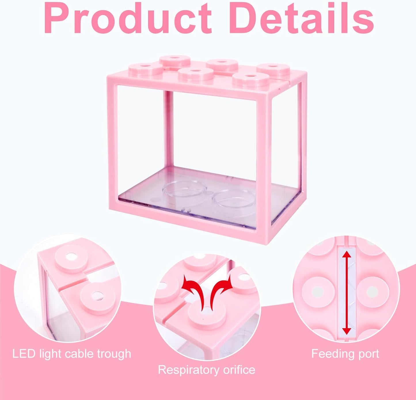 JIABEIUS 2 PCS Small Betta Fish Tank, 0.6 Gallon Mini Aquarium Tank, Pink Cube Fish Bowl, Desktop Stackable Tank for Small Fish, Insect, Shrimp, Turtle, Spider