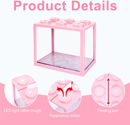JIABEIUS 2 PCS Small Betta Fish Tank, 0.6 Gallon Mini Aquarium Tank, Pink Cube Fish Bowl, Desktop Stackable Tank for Small Fish, Insect, Shrimp, Turtle, Spider