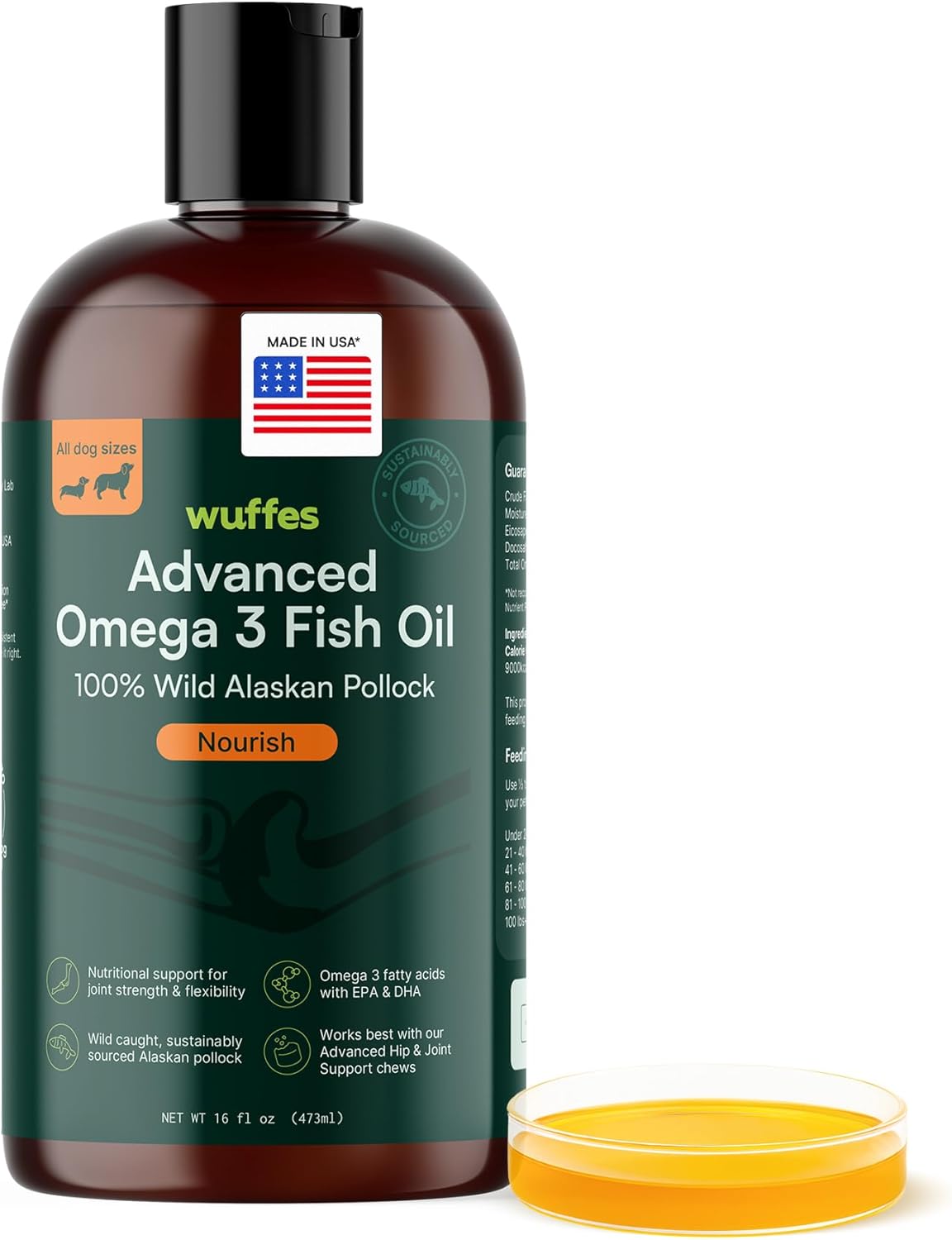 Wuffes Advanced Omega 3 Fish Oil for Dogs, Natural EPA & DHA Fatty Acids, Supports Healthy Skin and Coat, Joint Nutrition, Digestion & Immune System - 100% Pure Wild Alaskan Fish Oil, 16 Oz