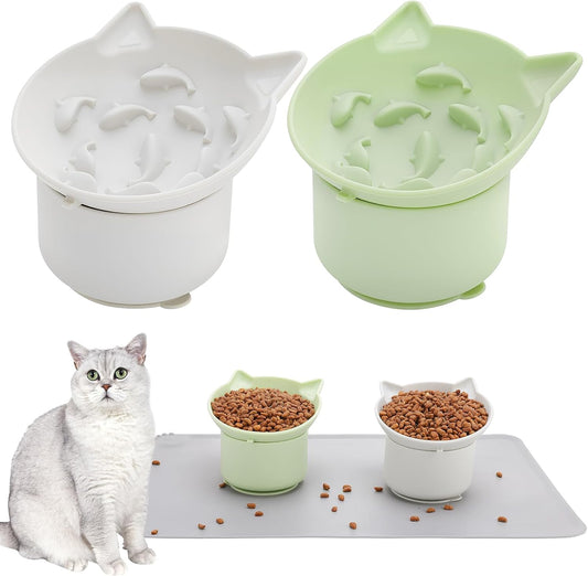 2 Pack Gray, Green Slow Feeder for Cat Bowls, Silicone Tilted Raised Pet Bowl with Non Slip Base for Digestion Anti Vomit