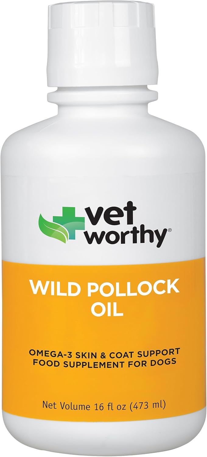 Vet Worthy Wild Pollock Oil for Dogs - All Natural Dog Supplement to Promote Skin and Coat, Heart, and Immune System Support - Liquid Fish Oil for Dogs - Easy to Use Mess-Free Bottle - 16 fl oz