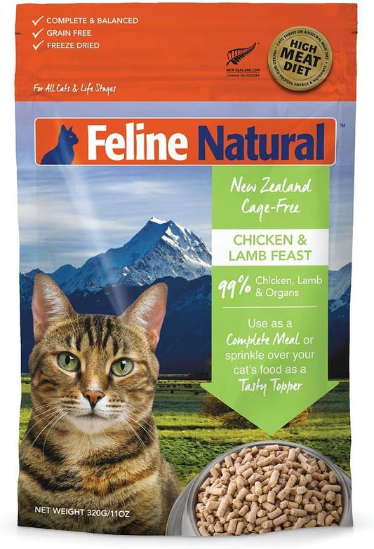 Feline Natural High Protein Dry Cat Food, Freeze-Dried Diet with 98% Meat, Organs & Seafood, No Peas, Grains, or Artificial Additives, Made in New Zealand, Chicken & Lamb, 11oz