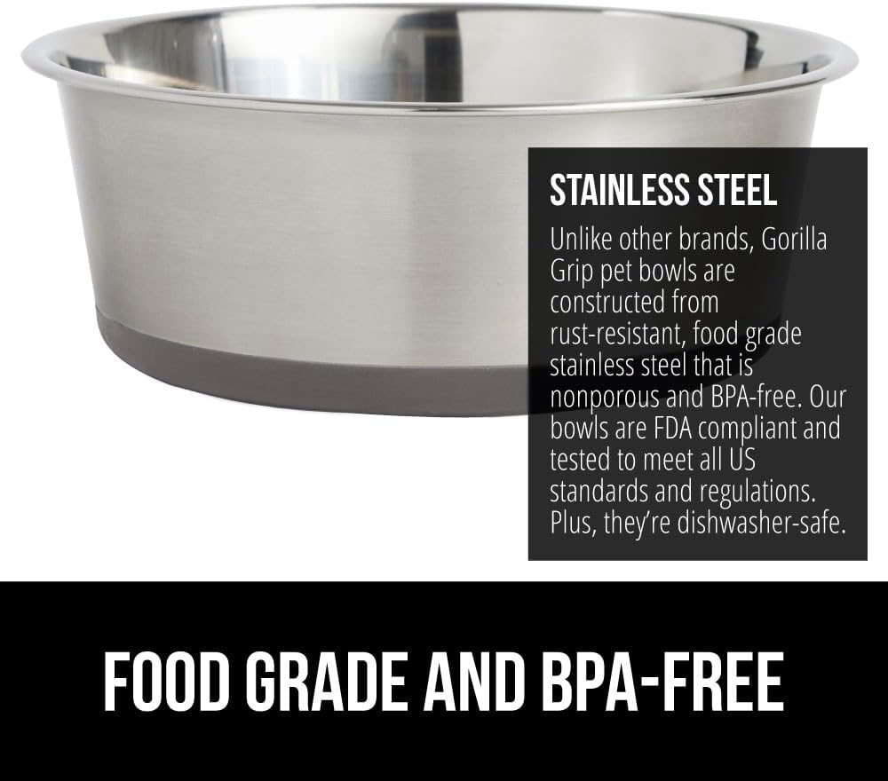 GORILLA GRIP Dog Bowls, Holds 2 Cups Each (16 fl oz), Heavy Duty Stainless Steel Food and Water Bowl for Feeding Dogs and Cats, Dishwasher Safe, Rust Resistant, BPA Free Rubber Base, Set of 2 Gray