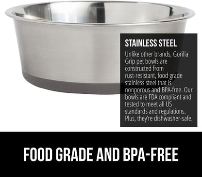 GORILLA GRIP Dog Bowls, Holds 2 Cups Each (16 fl oz), Heavy Duty Stainless Steel Food and Water Bowl for Feeding Dogs and Cats, Dishwasher Safe, Rust Resistant, BPA Free Rubber Base, Set of 2 Gray