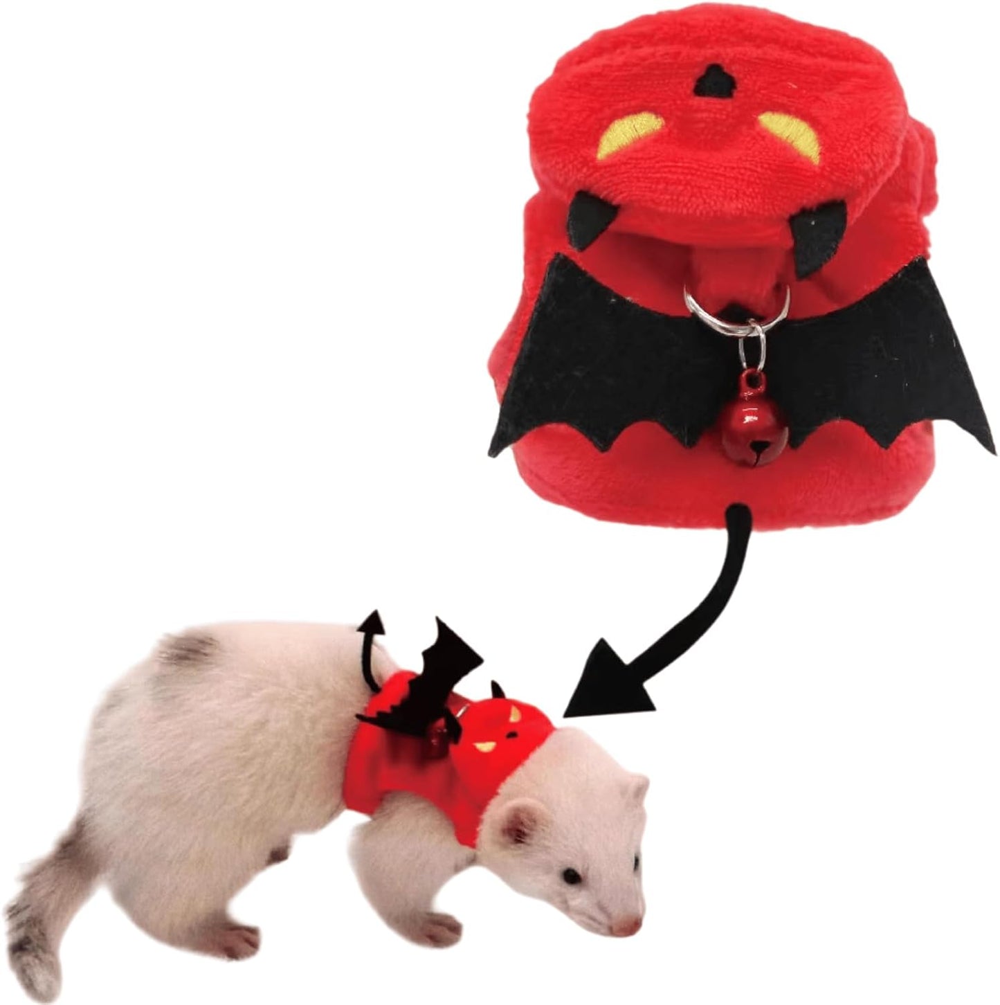 Ferret Harness and Leash, Adjustable Ferret Walking Vest for Squirrel and Small Animal, Soft and Breathable Small Animal Lead Leash with Evil Wings and Safe Bell (Red)