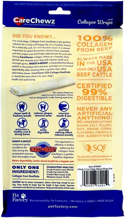 Pet Factory CareChewz Collagen 6-7" Small Wraps Dog Chew Treats - Natural Flavor, 4 Count/1 Pack