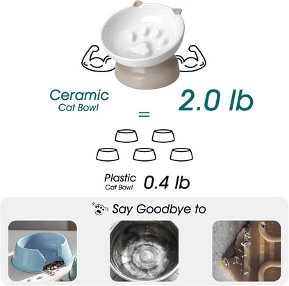 vancasso Ceramic Elevated Slow Feeder Cat Bowls,Slow Feeder Elevated Cat Bowl Wet Food, Raised Cats Bowl for Indoor Cats (Grey)