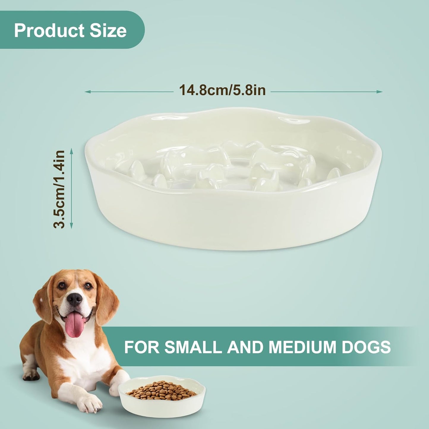 Slow Feeder Dog Bowls, Ceramic Slower Food Feeding Bowl for Small and Medium Dogs, Prevents Fast Eating and Black Chin, Beige, 1 Pc
