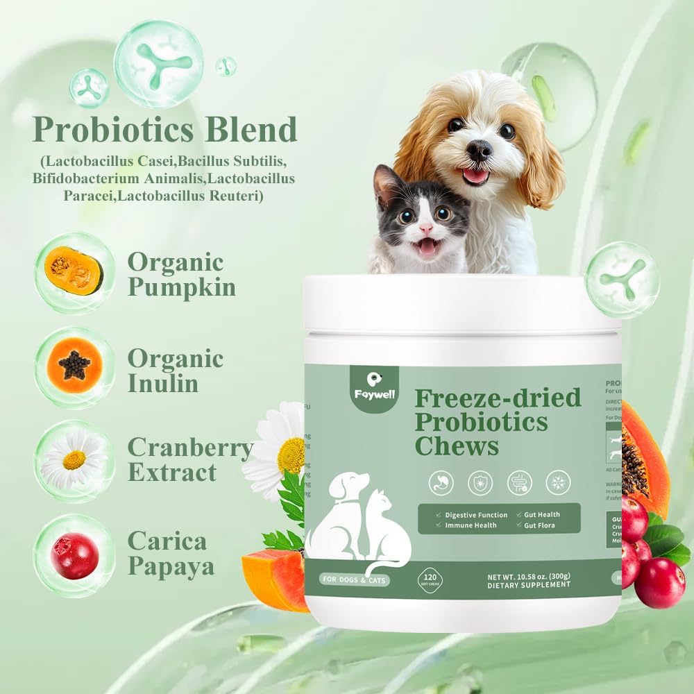 Freeze-Dried Probiotics Chews Supplement for Dogs & Cats, 5-in-1 Probiotic Blend for Digestive and Gut Health, 120ct/300g