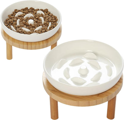 Raised Slow Feeder Cat Bowl, 5.9 Inch Wide Shallow Ceramic Elevated Glass Food Bowl Puzzle Feeders, Anti Vomit Cat Dish, Whisker Friendly Pet Plates Feeding Station for Cats(2 Slow Feeder)