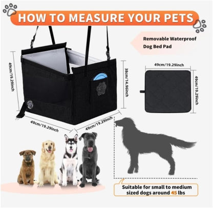 Black Portable Dogs Car Seat for Travel Dogs, Safety Leash, Adjustable Straps, Medium Dog Car Seat, Dog Travel Bed Washable Foldable, with Storage Pockets