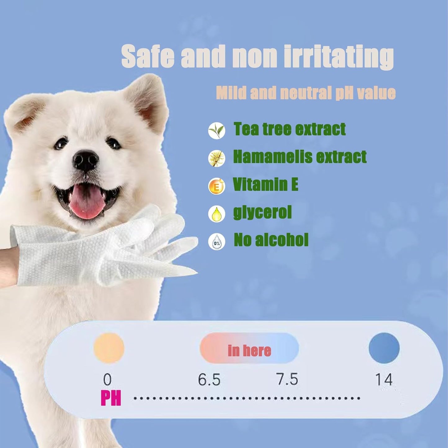 Pet Bathing Wipes for Dogs & Cats, Cleaning & Deodorizing Grooming Gloves, Nourish Fur Glove Wipes for Daily Care and Traveling, Rinse Free，6 PCS, white