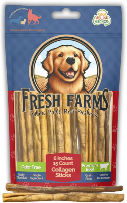 Natural Collagen Sticks for Dogs 15 Pack - 6 Inches – Long-Lasting Alternative to Bully Sticks, Rawhide-Free Collagen Chews with Chondroitin & Glucosamine for Joint Support & Dental Health