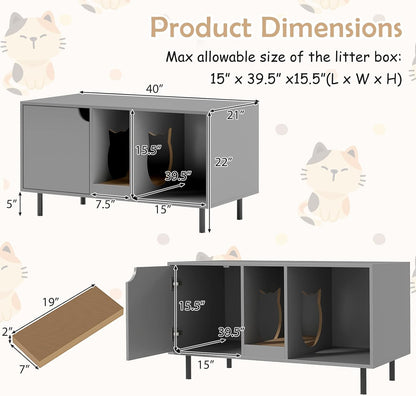 HOMGX Cat Litter Box Enclosure, 40” Hidden Cat Washroom Furniture w/Storage, Removable Scratching Board, Metal Legs, Double-Room Indoor Wooden Kitten House End Side Table, Modern Pet Cabinet (Grey)