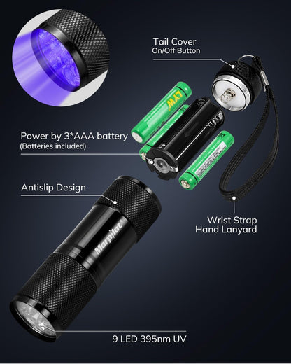 Morpilot Black Light Flashlight Mini UV Flashlight: 395nm Blacklight Flashlights, 9 Led Pet Urine Detector Light for Dog/Cat, Dry Stains, Resin Curing, Bed Bug
