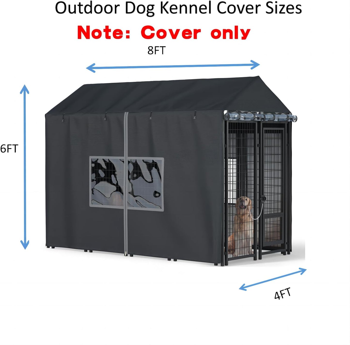 Outdoor Dog Kennel Cover - Full Coverage for 8'Dx4'Wx6'H Dog Cages, 600D Heavy Duty Waterproof Kennel Cover, Black