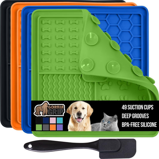 GORILLA GRIP BPA Free Silicone Lick Mat for Dogs, 49 Powerful Grip Suction Cups, Dishwasher Freezer Safe Flexible Licking Pad for Dog Baths, Cat Grooming, Nail Trimming, Black Green Orange Blue 4 Pack