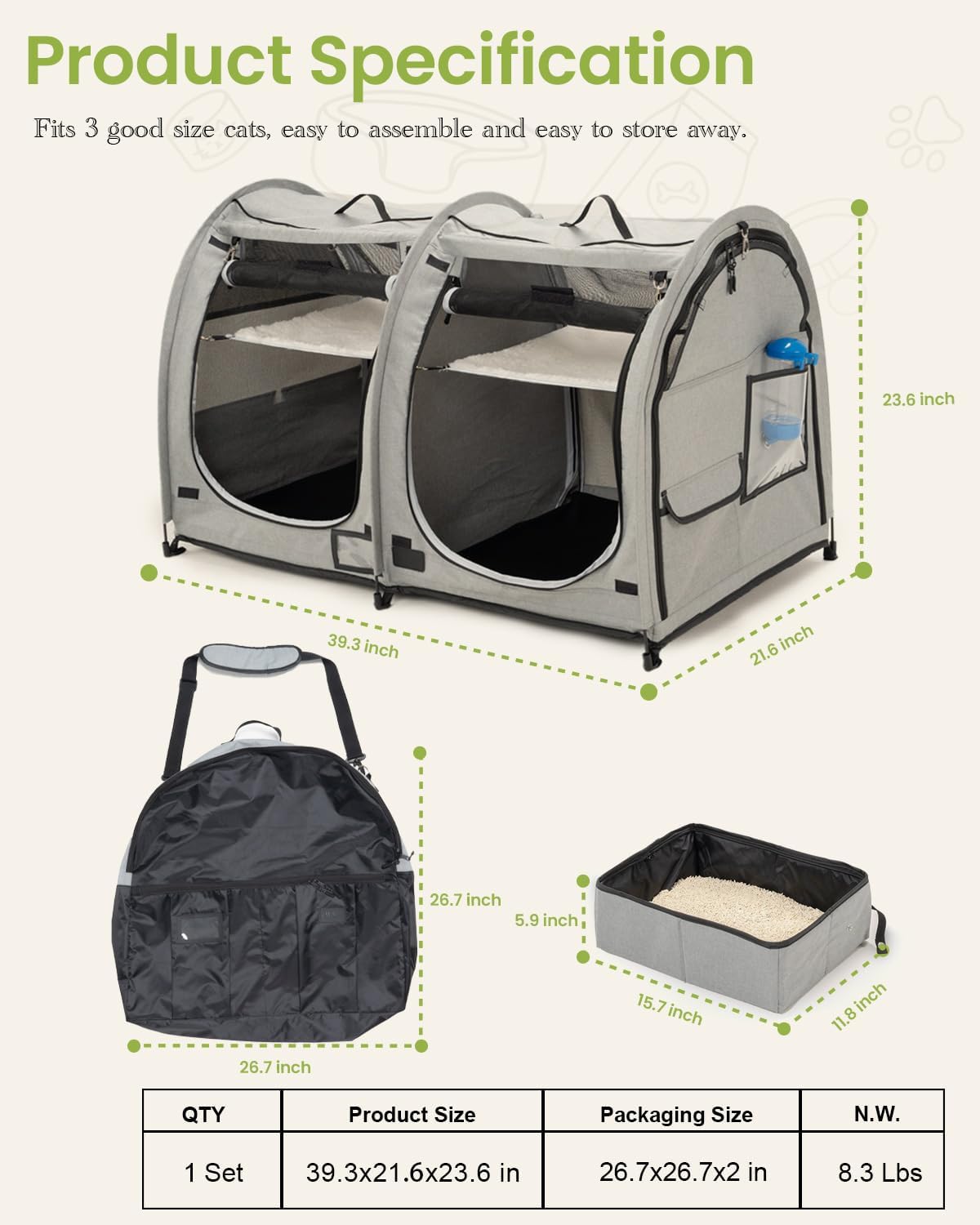 Portable Twin Compartment Show House Cat Cage Condo,Comfy Puppy Home Dog Travel Crate with Carry Bag,2 Hammocks and Mats & Collapsible Litter Box and Water Bottle