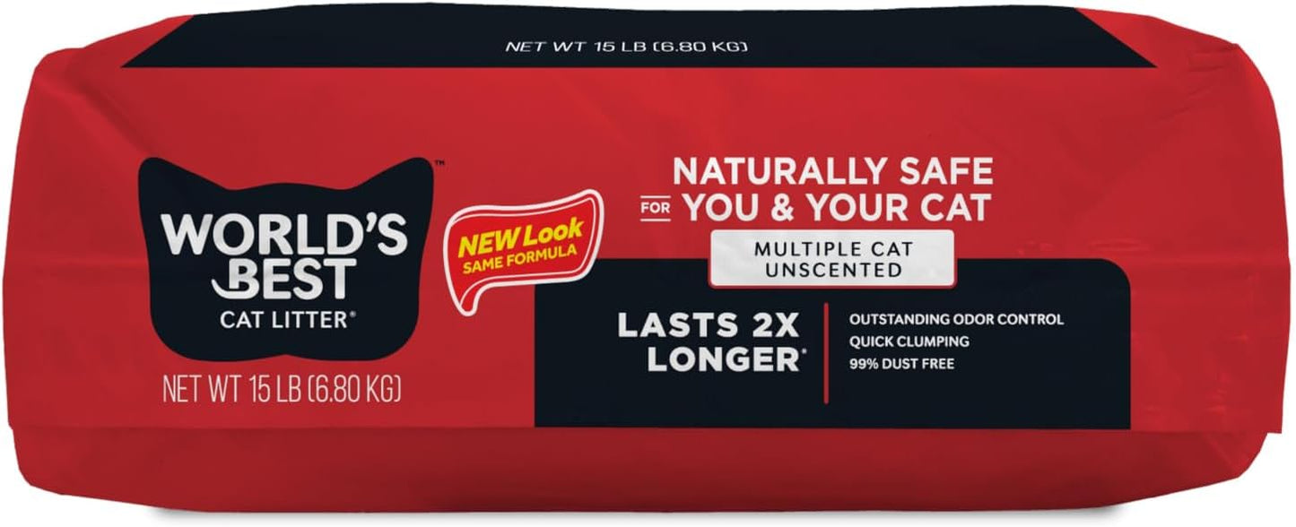 WORLD'S BEST CAT LITTER Multiple Cat Unscented, 15-Pounds - Natural Ingredients, Quick Clumping, Flushable, 99% Dust Free & Made in USA - Long-Lasting Odor Control & Easy Scooping