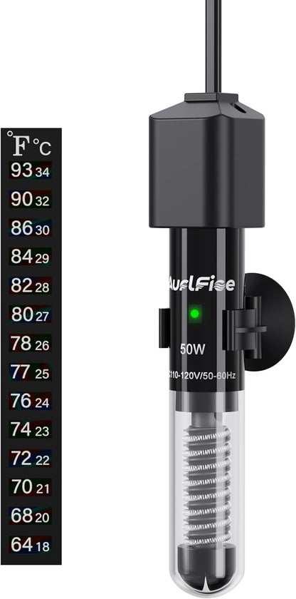 Fish Tank Heater for Aquarium - 50W Aquarium Heater, Small Submersible Tank Heaters with Mini Aquariums Thermometer for Betta Turtle Saltwater Freshwater 5-10 Gallon Tanks(Preset 78℉)