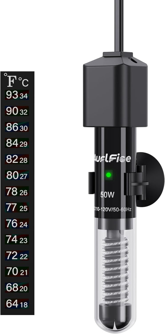 Fish Tank Heater for Aquarium - 50W Aquarium Heater, Small Submersible Tank Heaters with Mini Aquariums Thermometer for Betta Turtle Saltwater Freshwater 5-10 Gallon Tanks(Preset 78℉)