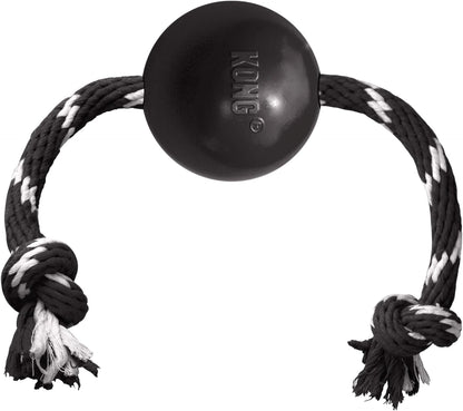 KONG Extreme Ball with Rope - Dog Fetch Toy with Rope for Easy Throwing - Durable Dog Ball Toy for Tug, Playtime & More s Most Durable Natural Rubber - Black - for Large Dogs