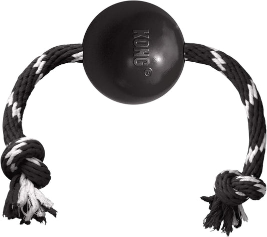 KONG Extreme Ball with Rope - Dog Fetch Toy with Rope for Easy Throwing - Durable Dog Ball Toy for Tug, Playtime & More s Most Durable Natural Rubber - Black - for Large Dogs