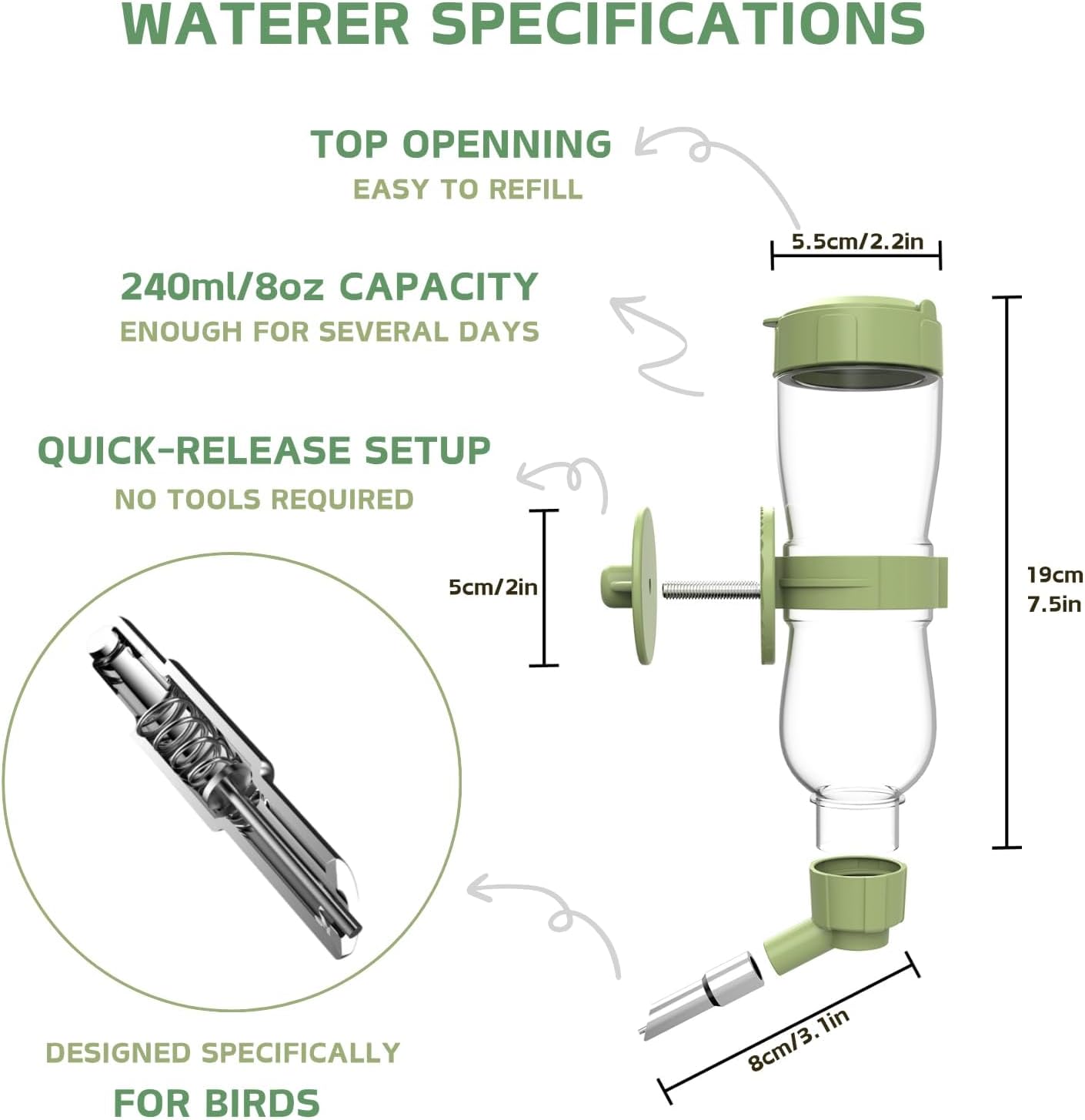 Bird Feeder Water Dispenser Set, Automatic Cage Feeder with Perch for Parakeet Canary Cockatiel Finch Budgie (Green)