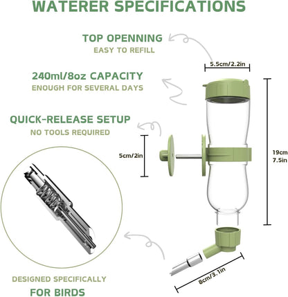 Bird Feeder Water Dispenser Set, Automatic Cage Feeder with Perch for Parakeet Canary Cockatiel Finch Budgie (Green)