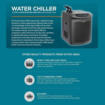Active Aqua AACH50HP Water Chiller for Aquarium, Hydroponics, Bathtub – 0.5 HP, Fast Cooling, 90-172 Gallons, Titanium Evaporator – Fittings Included