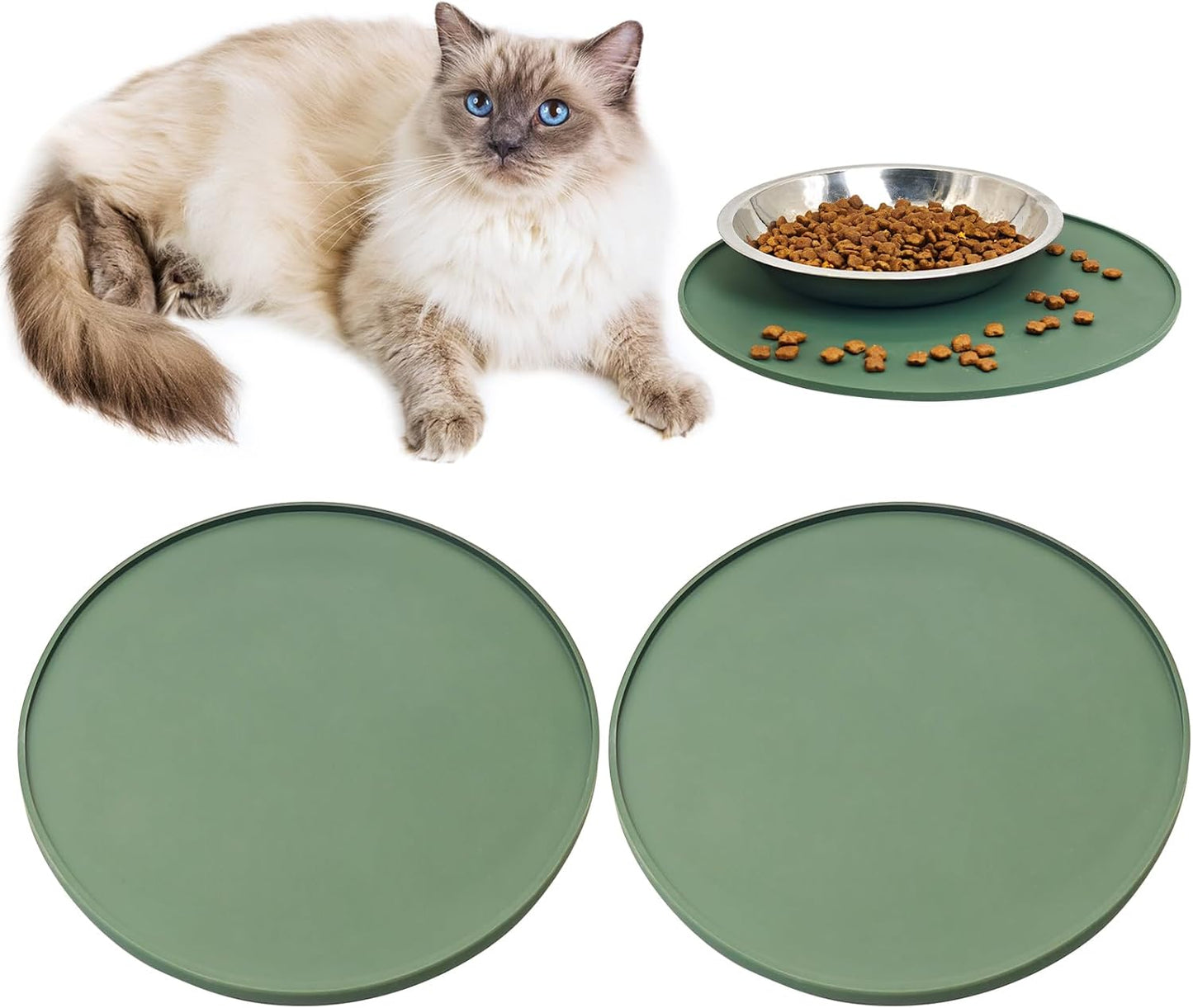 BNOSDM Silicone Cat Feeding Mat 2 Pack Dog Bowl Mats Pet Silicone Food Mat for Food and Water Nonslip Waterproof Feed Mats Round Eating Plate for Small and Medium Cats and Dogs (Dark Green)