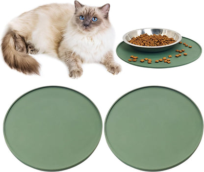 BNOSDM Silicone Cat Feeding Mat 2 Pack Dog Bowl Mats Pet Silicone Food Mat for Food and Water Nonslip Waterproof Feed Mats Round Eating Plate for Small and Medium Cats and Dogs (Dark Green)