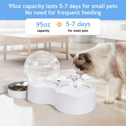 Cat Water Fountain with Food Bowl - Pet Fountain 2 in 1 Set, Automatic Pet Water Dispenser with 3 Drinking Modes, Cat Food and Water Dispenser Set for Cats and Small Dogs