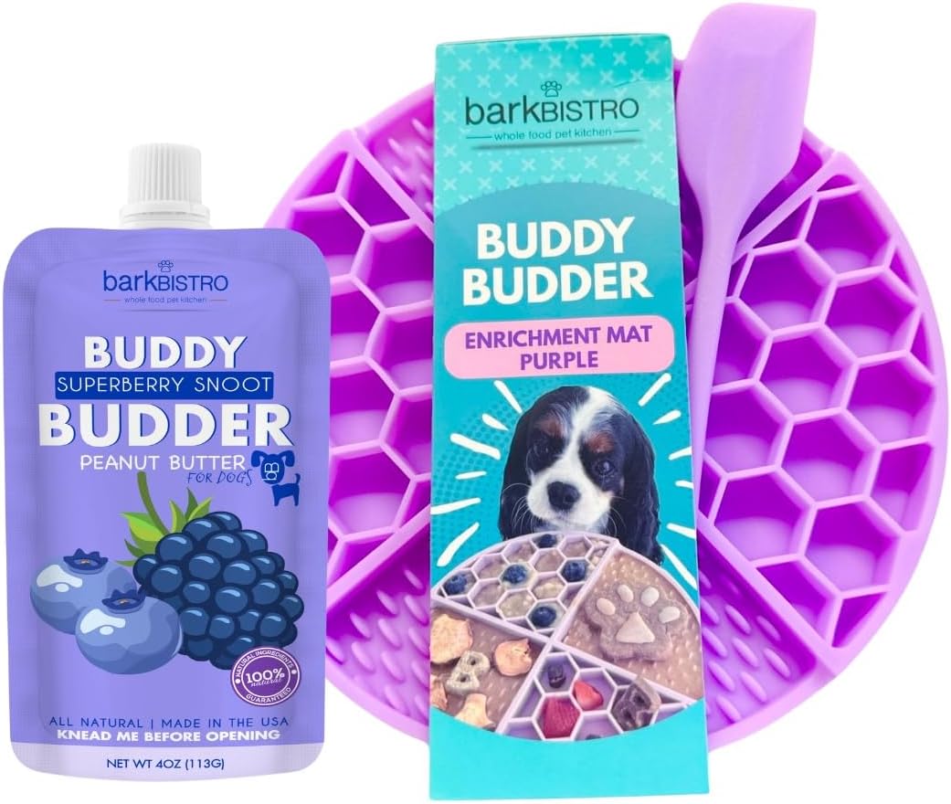BUDDY BUDDER Bark Bistro Dog Lick Mat Set with Superberry Peanut Butter, Purple Enrichment Mat with Spatula, 4 oz Squeeze Pack