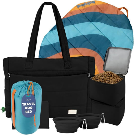 rubyloo Dog Mom Bundle - Puffer Tote with Storage Containers (Black) and Foldable Travel Bed (Sunset Surf Teal) - Travel Bag and Cozy Mat Set