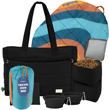 rubyloo Dog Mom Bundle - Puffer Tote with Storage Containers (Black) and Foldable Travel Bed (Sunset Surf Teal) - Travel Bag and Cozy Mat Set