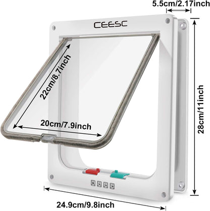 CEESC Extra Large Cat Door (Outer Size 11"x9.8"), Weatherproof, White, ABS Material, 4-Way Locking Flap for Cats & Dogs up to 25.54 lbs
