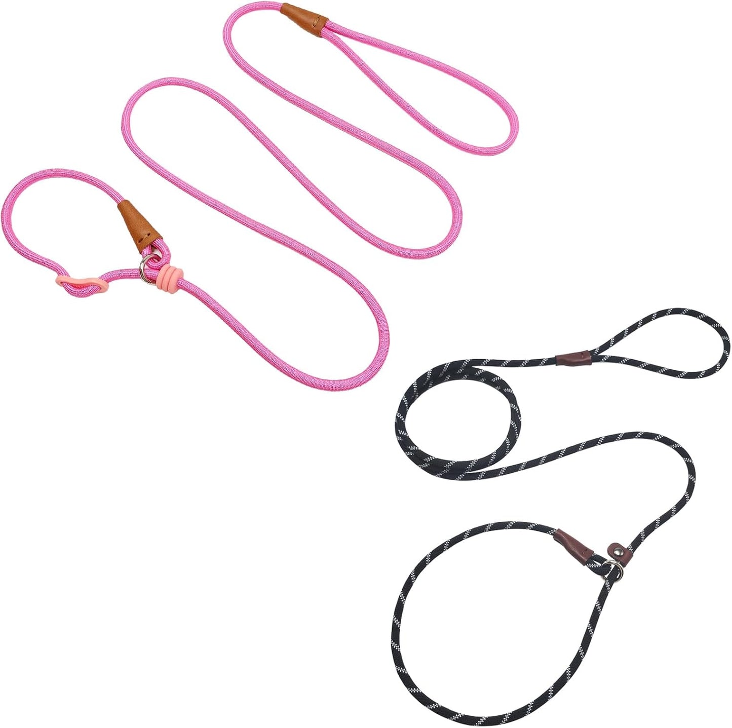 7ft Slip Lead Dog Leash + 6ft Small Slip Lead Dog Training Leash for Small Dogs, Black+Pink