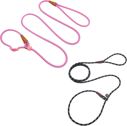 7ft Slip Lead Dog Leash + 6ft Small Slip Lead Dog Training Leash for Small Dogs, Black+Pink