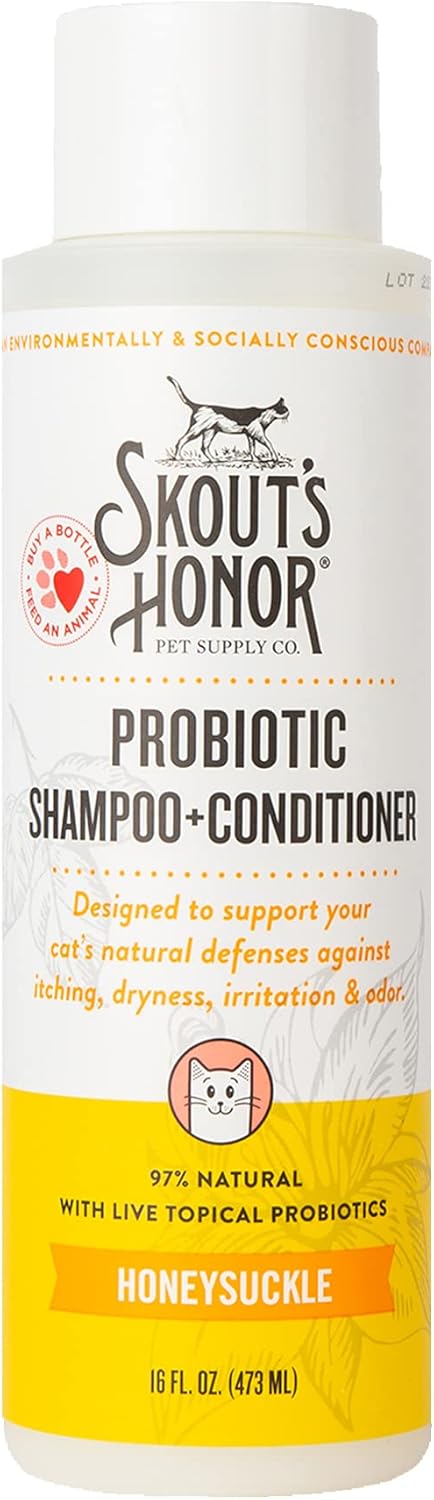 Skout's Honor Probiotic Cat Shampoo & Conditioner with Avocado Oil & Omega-3s, 97% Natural, Paraben & Sulfate-Free, Cruelty-Free, Defend Against Itch, Dryness, Irritation. 16oz, Honeysuckle