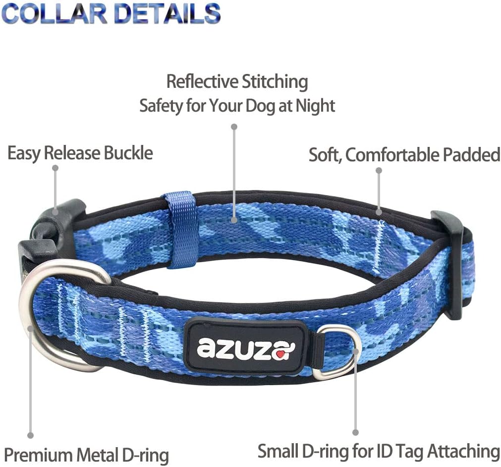 azuza Reflective Dog Collar and Leash Set with Airtag Holder, Blue Camo Padded Collar with Matching Clip Handle Leash for Small Dogs