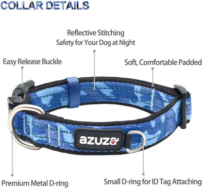 azuza Reflective Dog Collar and Leash Set with Airtag Holder, Blue Camo Padded Collar with Matching Clip Handle Leash for Small Dogs