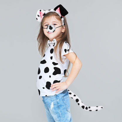 XEPST Animal Dalmatian Costume Kids Set, Dog Ears and Tail Set with Dalmatian Ears Headband and Dog Tail for Animal Costume Cosplay Birthday World Book Day Halloween Fancy Dress Party, Black and White