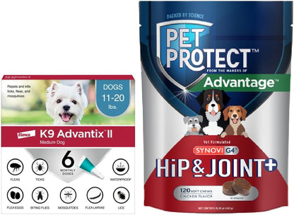Bundle of K9 Advantix II Medium Dog Dogs 11-20 lbs. | 6-Mo Supply + Pet Protect Hip & Joint Supplement for Dogs | 60 Chews