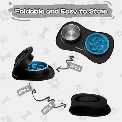 MateeyLife Dog Food and Water Bowl Set 3 in 1, Dog Bowls Slow Feeder & Stainless Steel Water Bowl with Non-Spill Silicone Mat, Cat and Puppy Bowls Pet Dishes for Small Medium Large Breed Anti-Choking