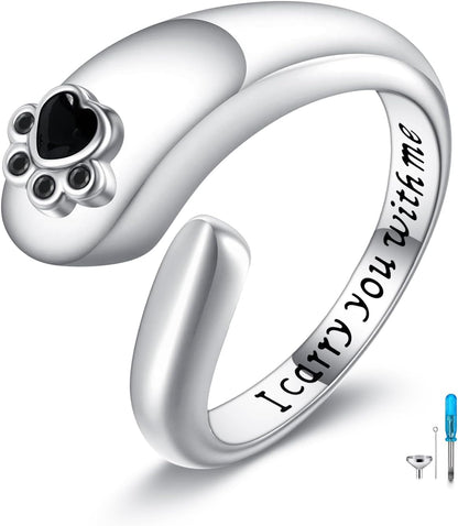 Paw Print Urn Ring for Ashes Sterling Silver Pets Dog Cat Ring Keepsake Memorial Cremation Jewelry Gifts for Women
