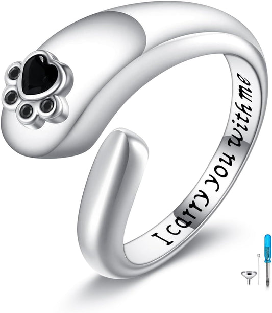 Paw Print Urn Ring for Ashes Sterling Silver Pets Dog Cat Ring Keepsake Memorial Cremation Jewelry Gifts for Women