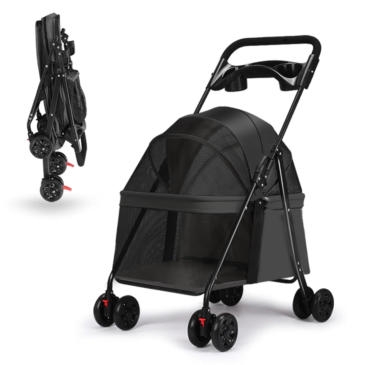 4-Wheel Pet Stroller for Small Medium Dogs with Removable & Detachable Carrier, Foldable Waterproof Dog Stroller with Breathable Mesh, Cup Holder, Storage Basket & Safety Leash (Black)