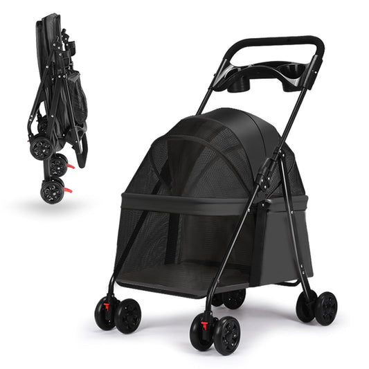 4-Wheel Pet Stroller for Small Medium Dogs with Removable & Detachable Carrier, Foldable Waterproof Dog Stroller with Breathable Mesh, Cup Holder, Storage Basket & Safety Leash (Black)